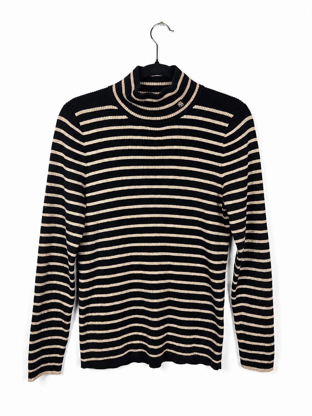 Lauren Ralph Lauren Metallic Stripe Turtleneck Sweater Black Gold Rib Knit XL